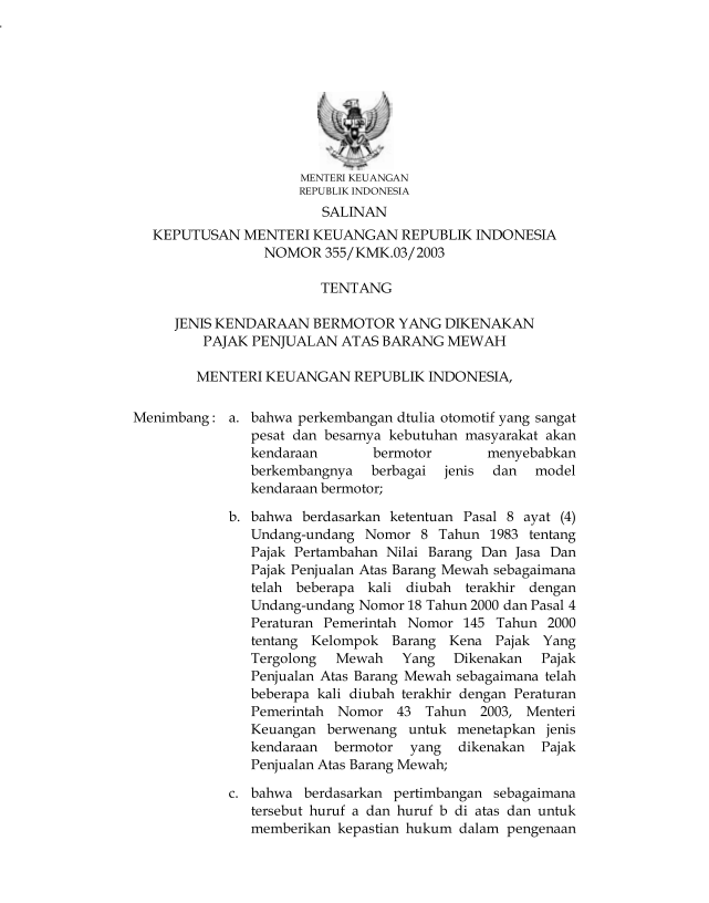 Peraturan Menteri Keuangan Nomor 355/KMK.03/2003