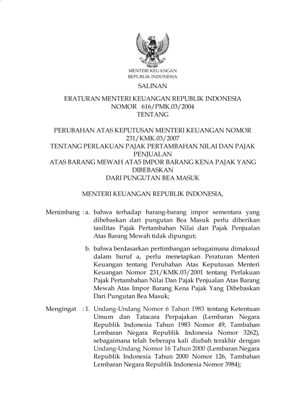 Peraturan Menteri Keuangan Nomor 616/PMK.03/2004