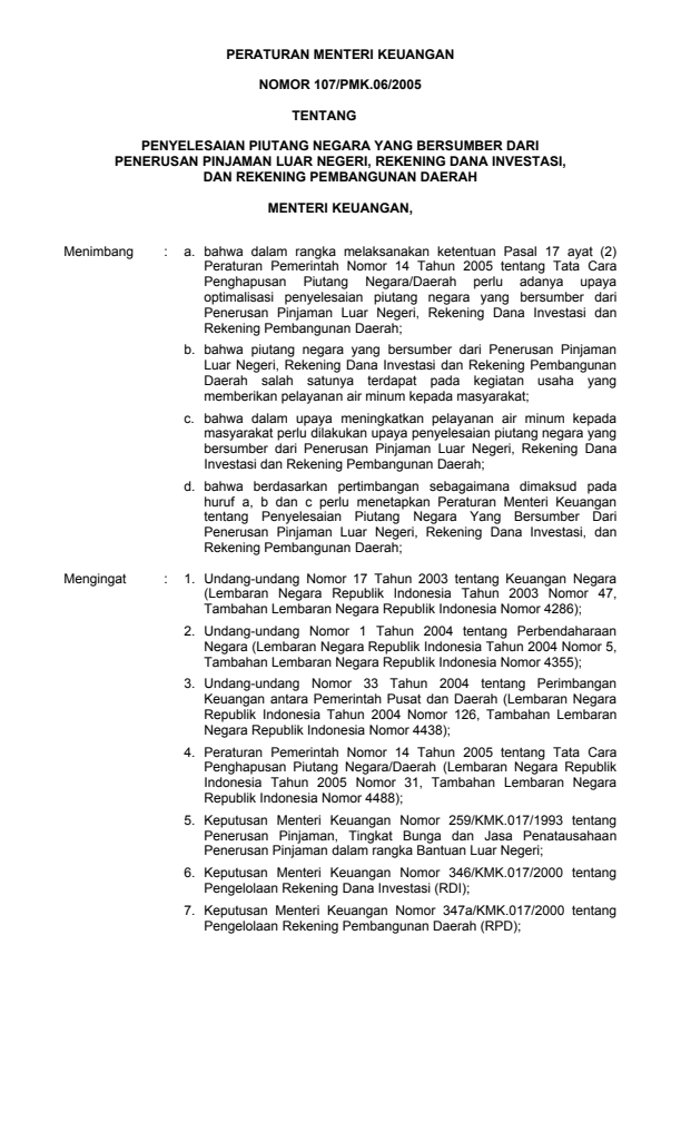 Peraturan Menteri Keuangan Nomor 107/PMK.06/2005