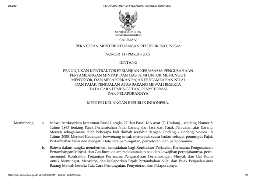 Peraturan Menteri Keuangan Nomor 11/PMK.03/2005