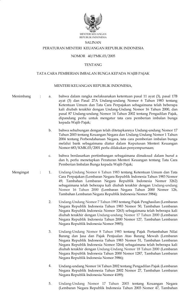 Peraturan Menteri Keuangan Nomor 40/PMK.03/2005