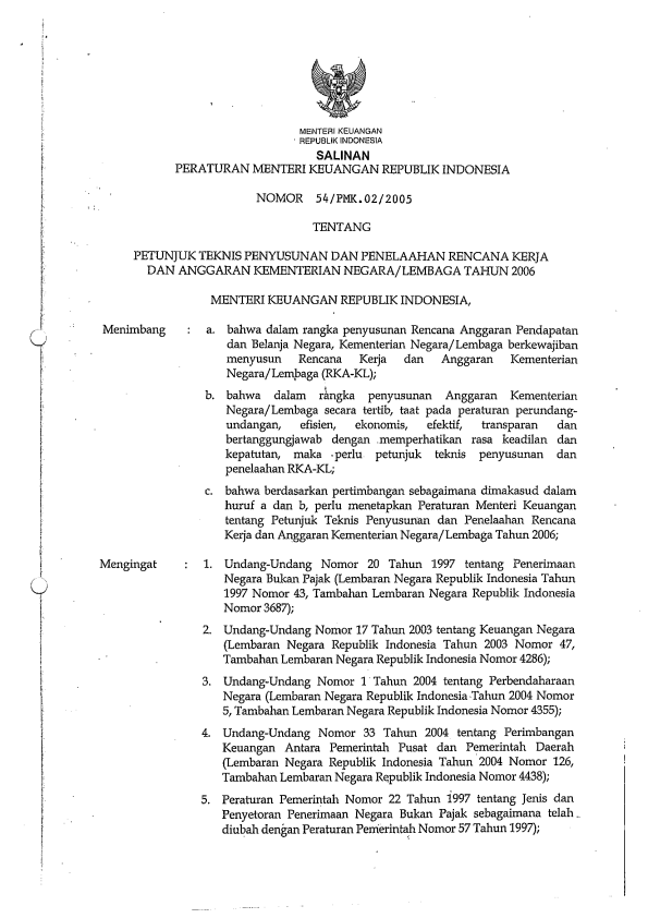 Peraturan Menteri Keuangan Nomor 54/PMK.02/2005