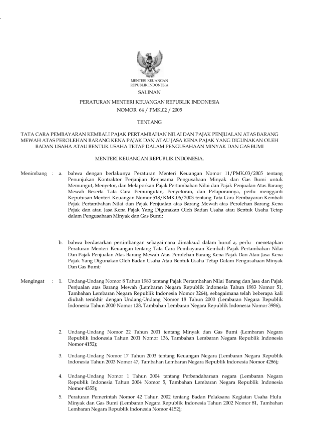 Peraturan Menteri Keuangan Nomor 64/PMK.02/2005