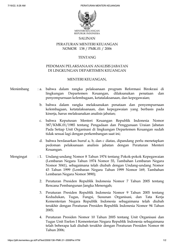 Peraturan Menteri Keuangan Nomor 138/PMK.01/2006