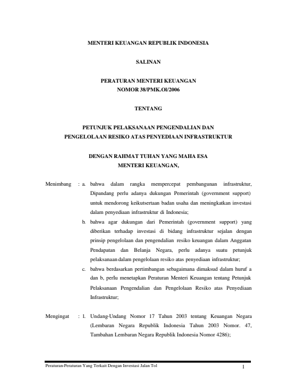 Peraturan Menteri Keuangan Nomor 38/PMK.01/2006