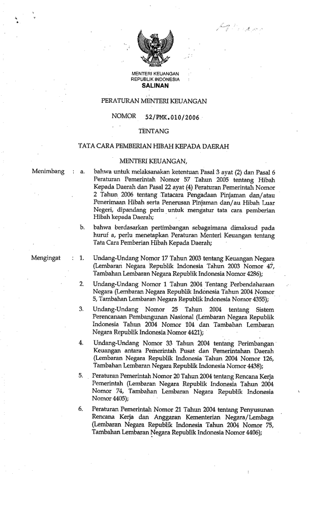 Peraturan Menteri Keuangan Nomor 52/PMK.10/2006