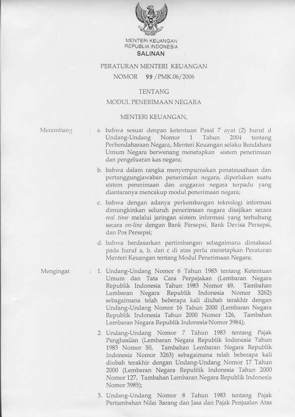Peraturan Menteri Keuangan Nomor 99/PMK.06/2006