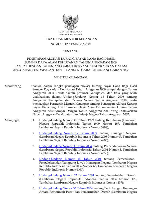 Peraturan Menteri Keuangan Nomor 12/PMK.07/2007
