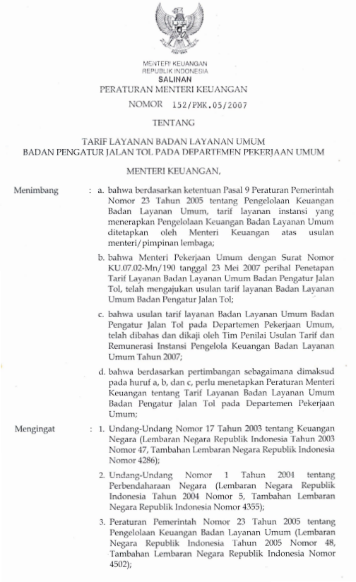 Peraturan Menteri Keuangan Nomor 152/PMK.05/2007