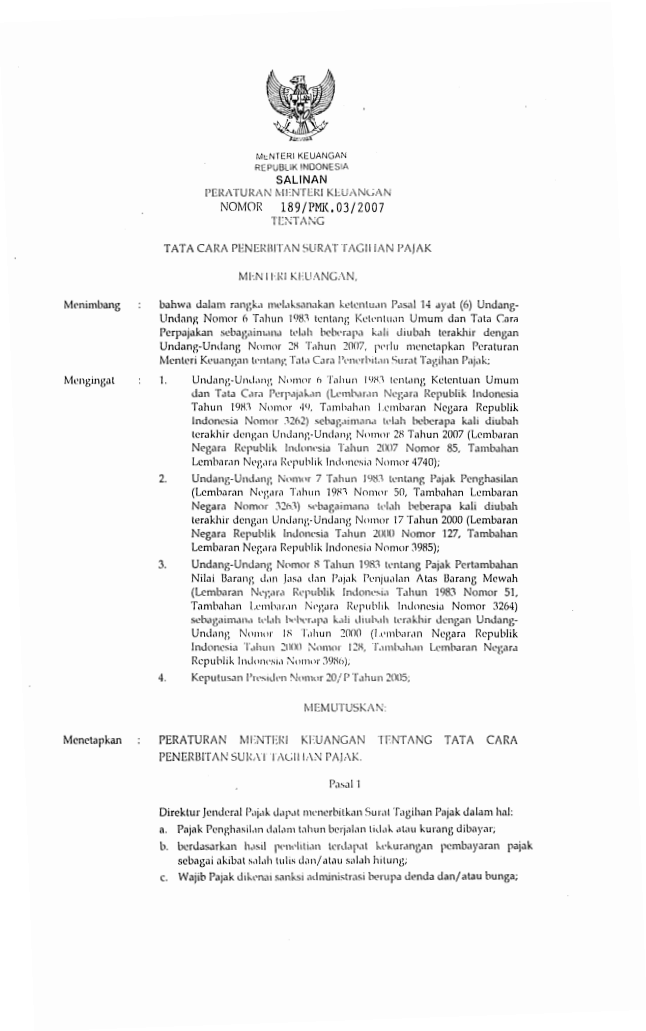 Peraturan Menteri Keuangan Nomor 189/PMK.03/2007