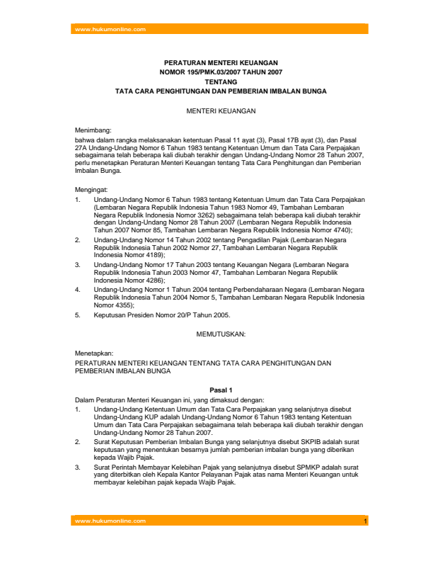 Peraturan Menteri Keuangan Nomor 195/PMK.03/2007