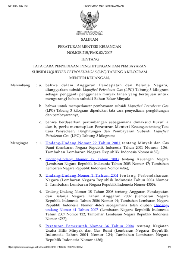 Peraturan Menteri Keuangan Nomor 215/PMK.02/2007