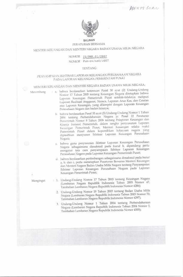 Peraturan Menteri Keuangan Nomor 23/PMK.01/2007