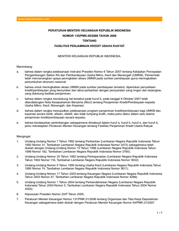 Peraturan Menteri Keuangan Nomor 135/PMK.05/2008