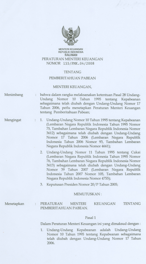 Peraturan Menteri Keuangan Nomor 155/PMK.04/2008