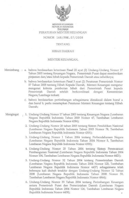 Peraturan Menteri Keuangan Nomor 168/PMK.07/2008