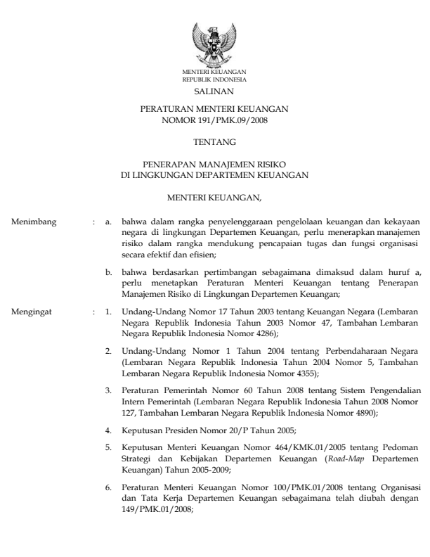 Peraturan Menteri Keuangan Nomor 191/PMK.09/2008