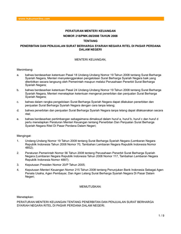 Peraturan Menteri Keuangan Nomor 218/PMK.08/2008
