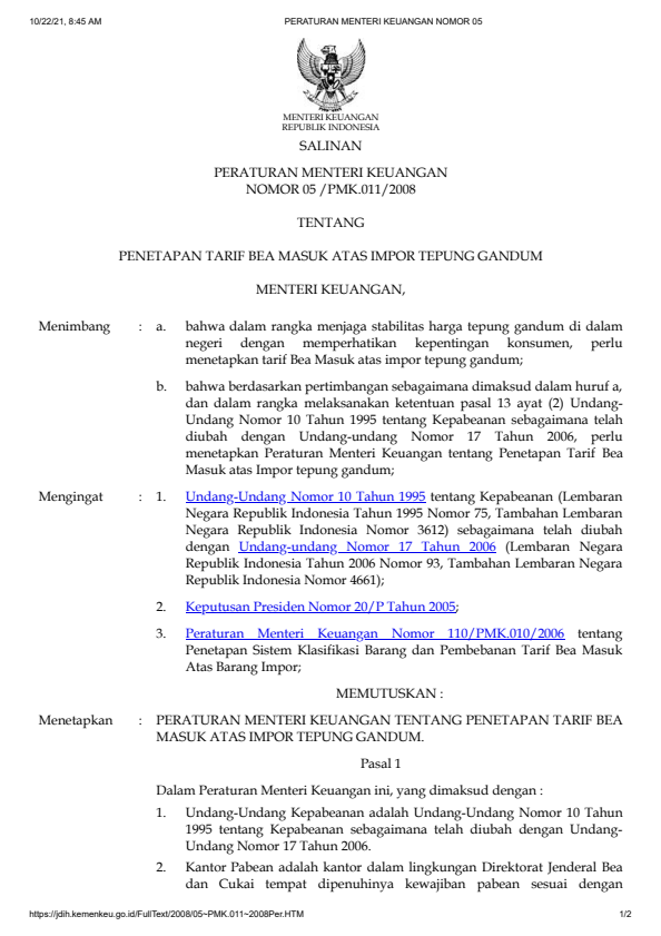 Peraturan Menteri Keuangan Nomor 05/PMK.011/2008