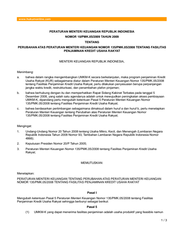 Peraturan Menteri Keuangan Nomor 10/PMK.05/2009