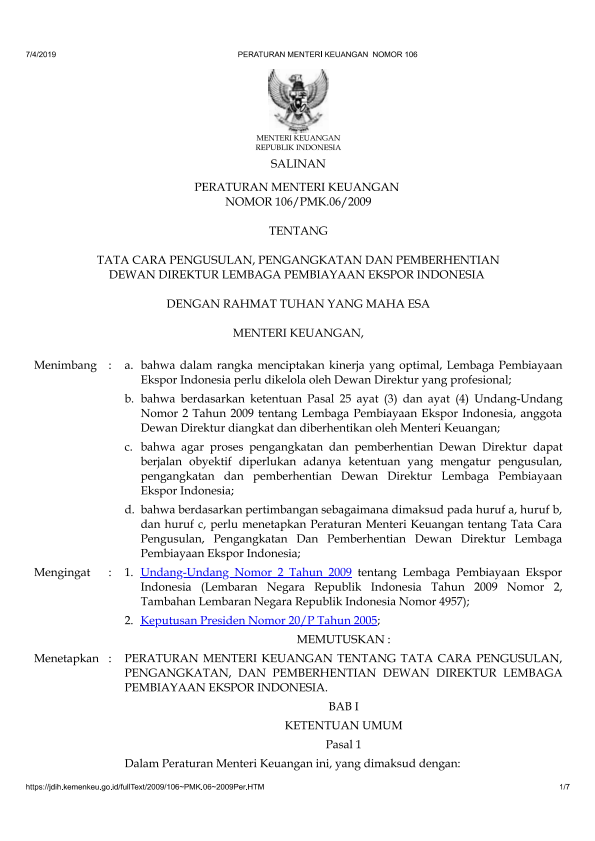 Peraturan Menteri Keuangan Nomor 106/PMK.06/2009