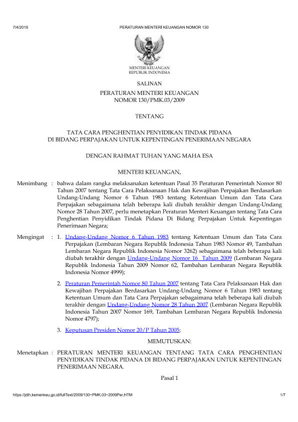 Peraturan Menteri Keuangan Nomor 130/PMK.03/2009
