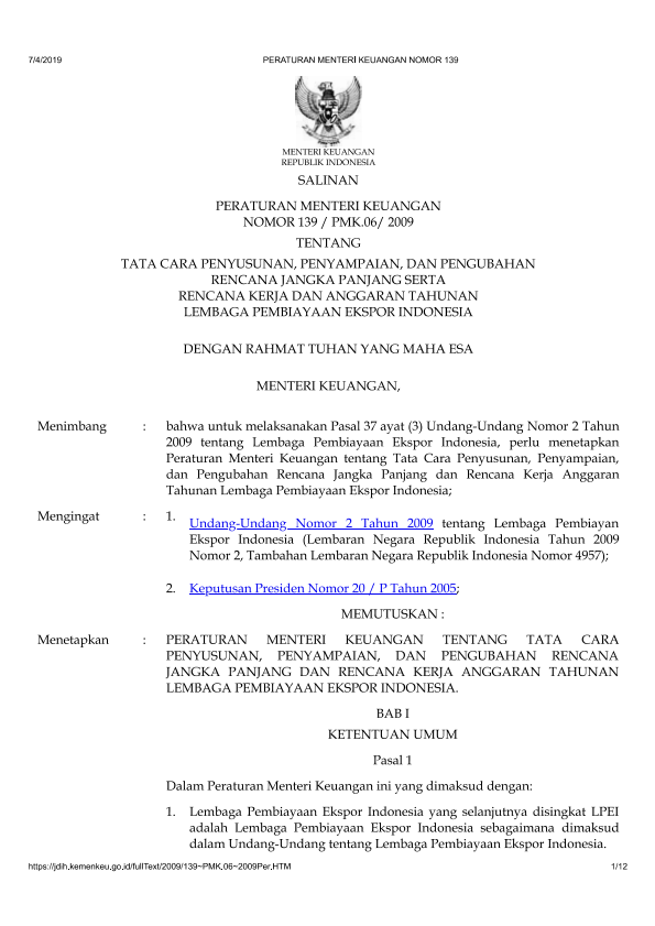Peraturan Menteri Keuangan Nomor 139/PMK.06/2009