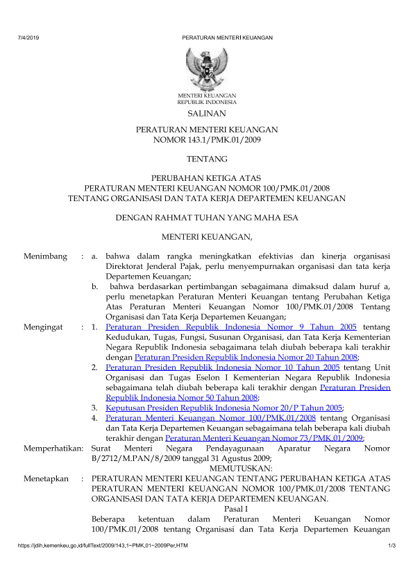 Peraturan Menteri Keuangan Nomor 143/PMK.010/2009