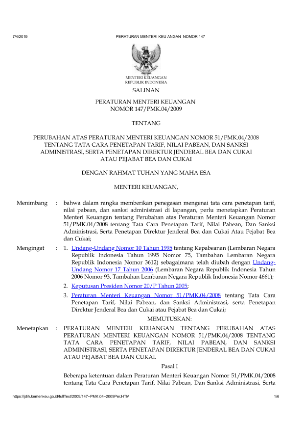 Peraturan Menteri Keuangan Nomor 147/PMK.04/2009
