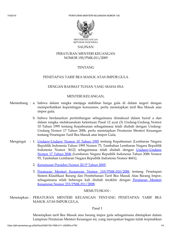Peraturan Menteri Keuangan Nomor 150/PMK.011/2009