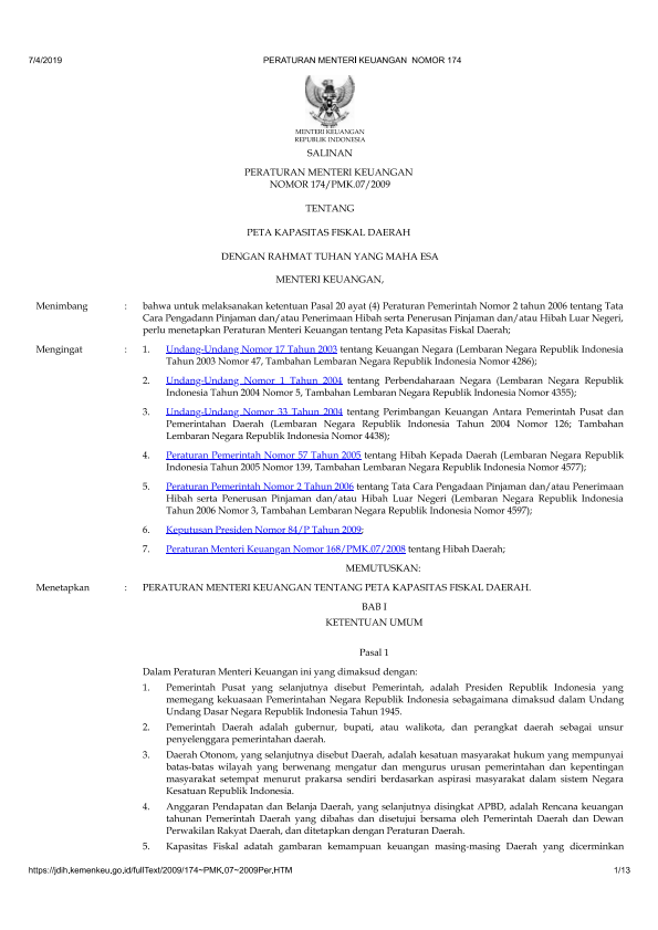 Peraturan Menteri Keuangan Nomor 174/PMK.07/2009