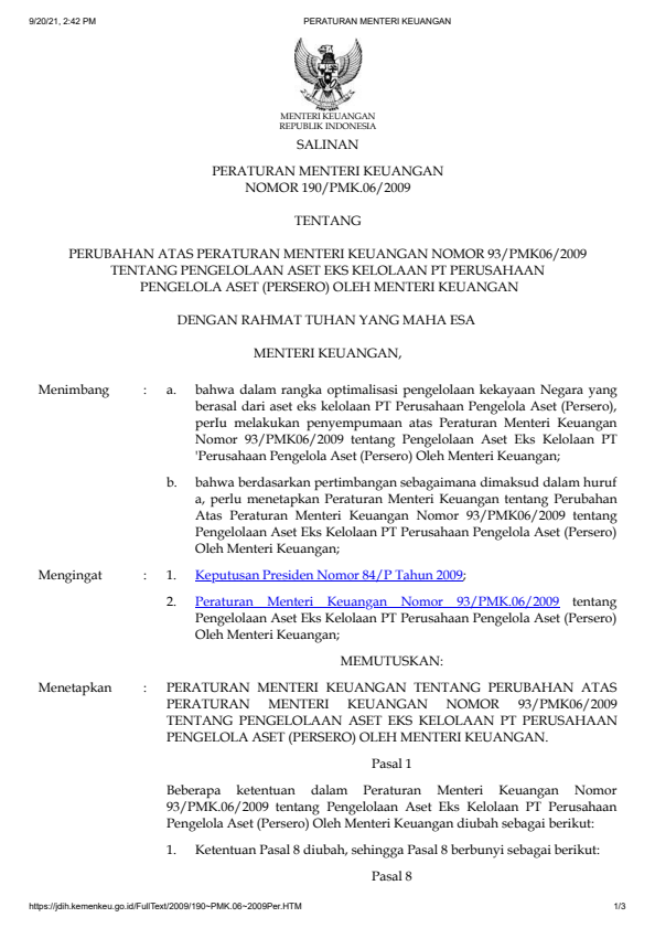 Peraturan Menteri Keuangan Nomor 190/PMK.06/2009