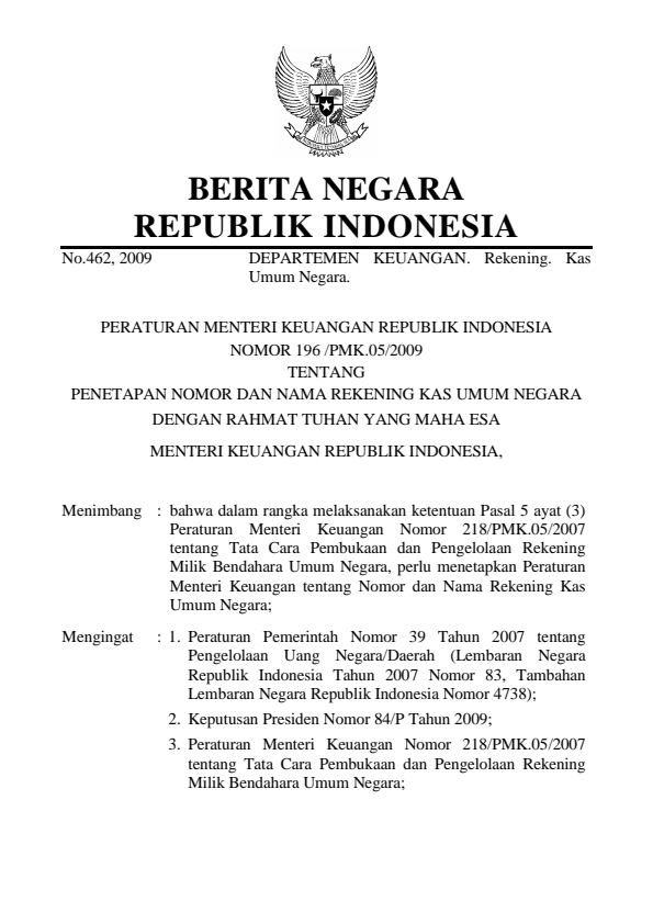 Peraturan Menteri Keuangan Nomor 196/PMK.05/2009