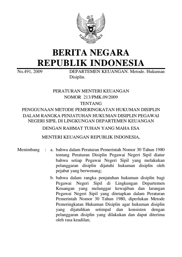 Peraturan Menteri Keuangan Nomor 213/PMK.09/2009