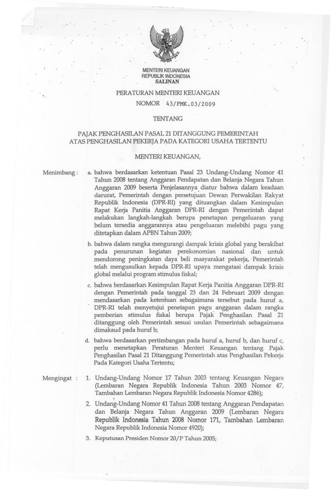 Peraturan Menteri Keuangan Nomor 43/PMK.03/2009