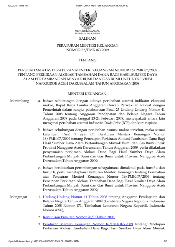 Peraturan Menteri Keuangan Nomor 52/PMK.07/2009