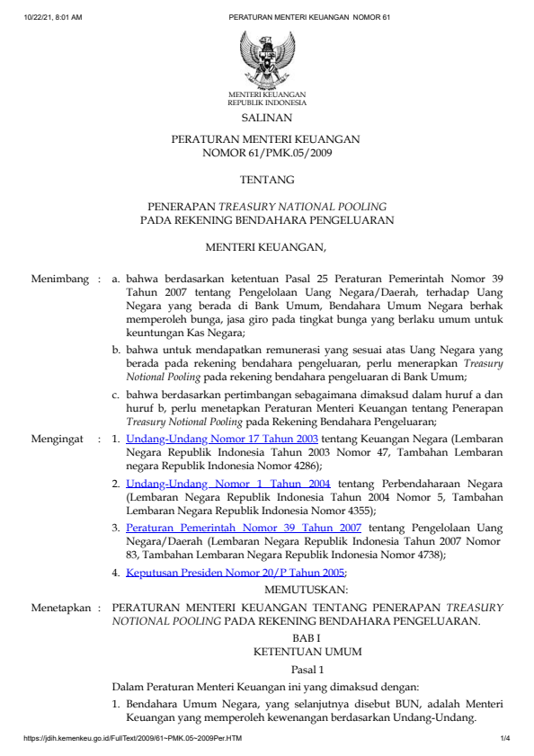 Peraturan Menteri Keuangan Nomor 61/PMK.05/2009