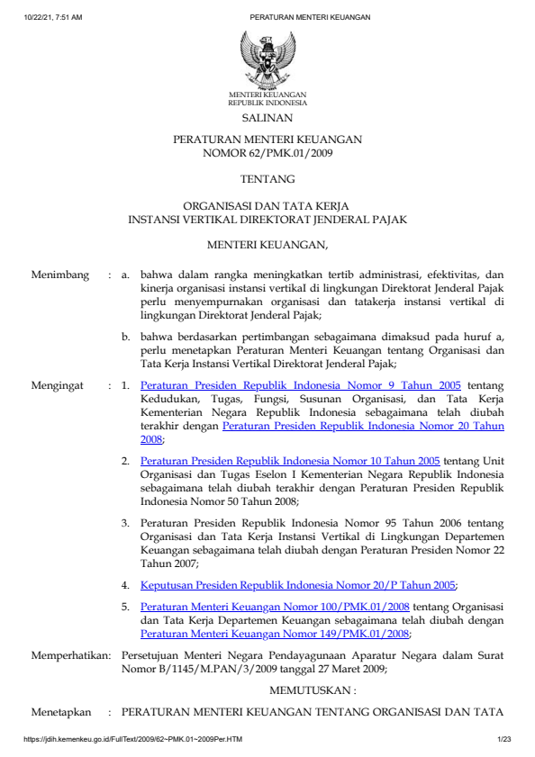 Peraturan Menteri Keuangan Nomor 62/PMK.01/2009