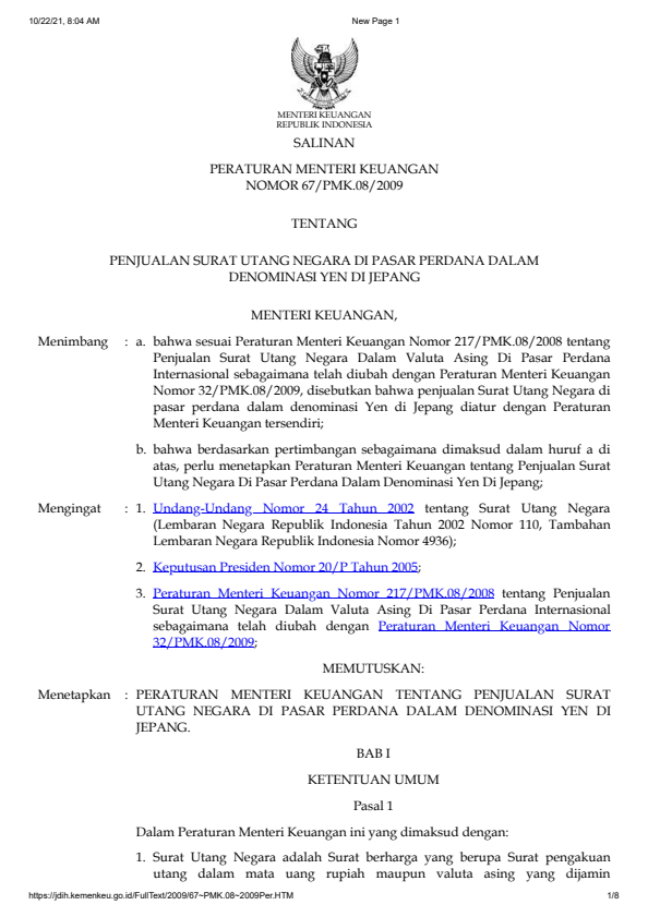 Peraturan Menteri Keuangan Nomor 67/PMK.08/2009