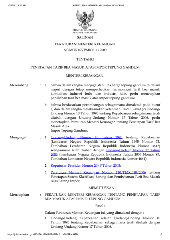 Peraturan Menteri Keuangan Nomor 07/PMK.011/2009