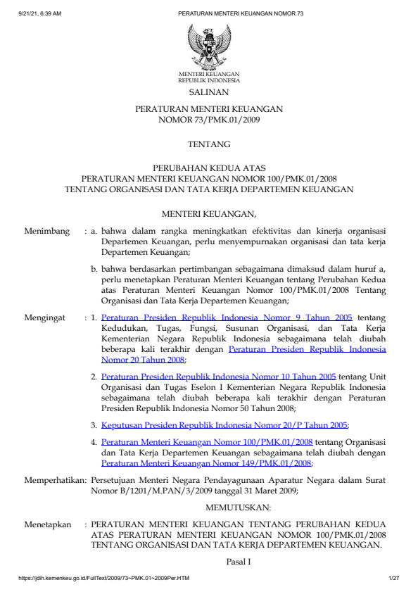 Peraturan Menteri Keuangan Nomor 73/PMK.01/2009