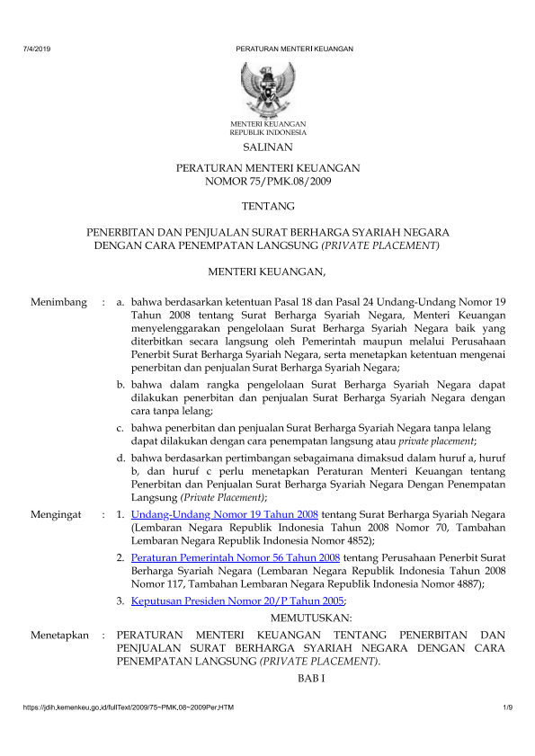 Peraturan Menteri Keuangan Nomor 75/PMK.08/2009