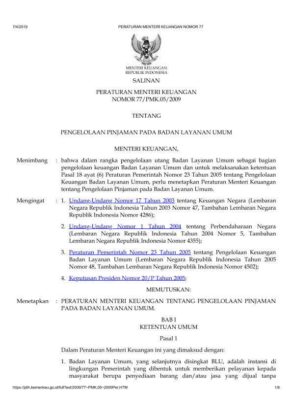 Peraturan Menteri Keuangan Nomor 77/PMK.05/2009
