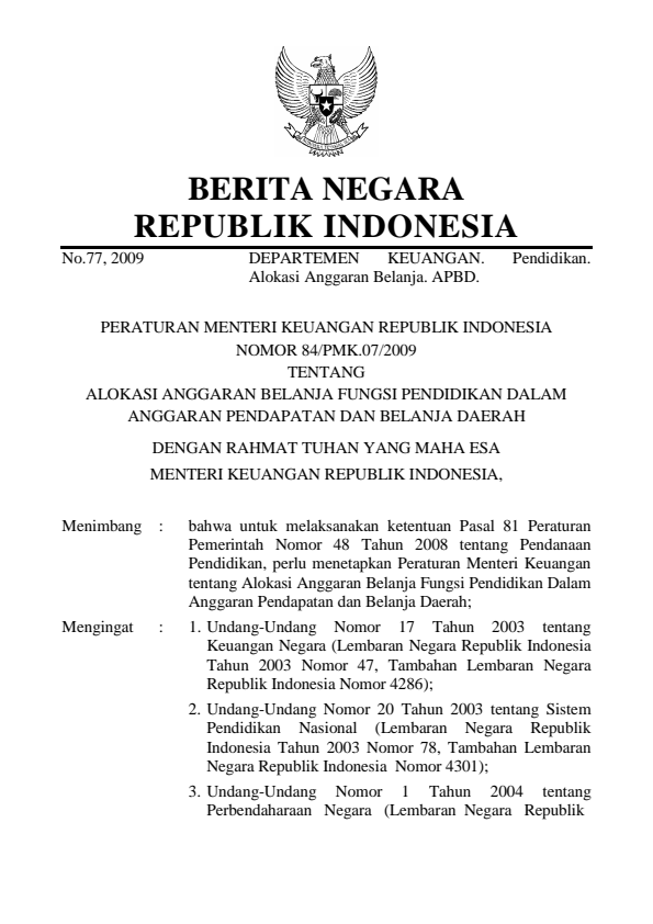 Peraturan Menteri Keuangan Nomor 84/PMK.07/2009