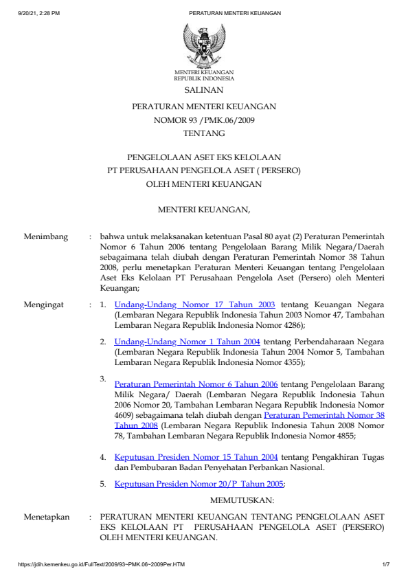 Peraturan Menteri Keuangan Nomor 93/PMK.06/2009