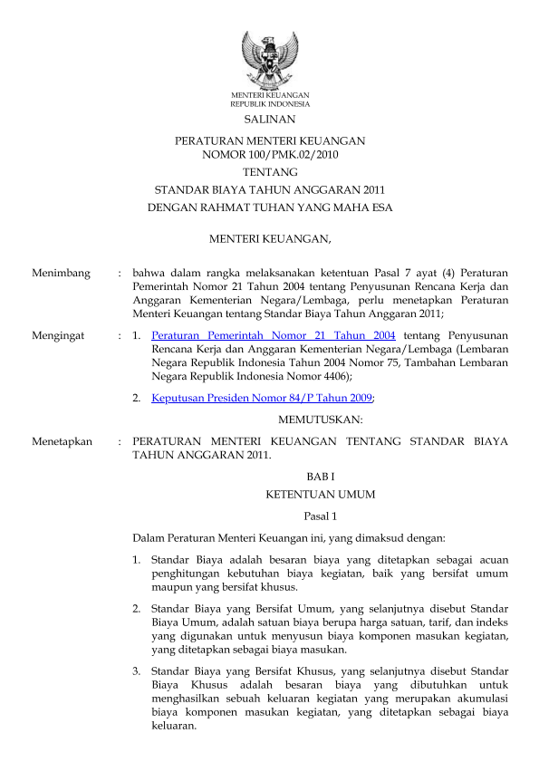 Peraturan Menteri Keuangan Nomor 100/PMK.02/2010
