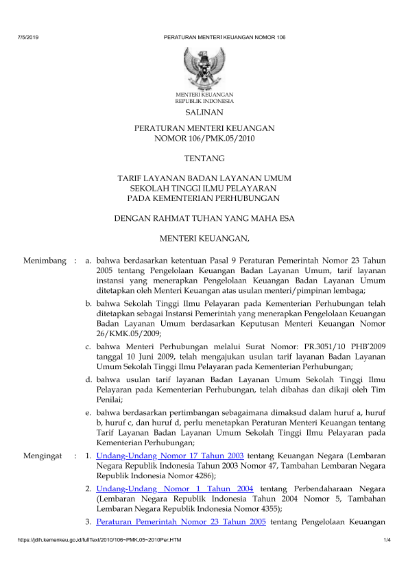 Peraturan Menteri Keuangan Nomor 106/PMK.05/2010