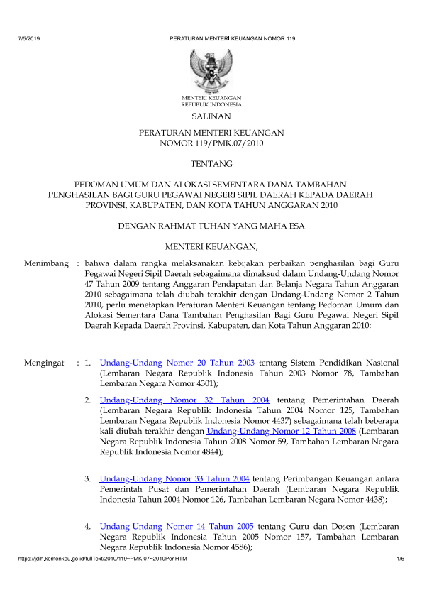 Peraturan Menteri Keuangan Nomor 119/PMK.07/2010