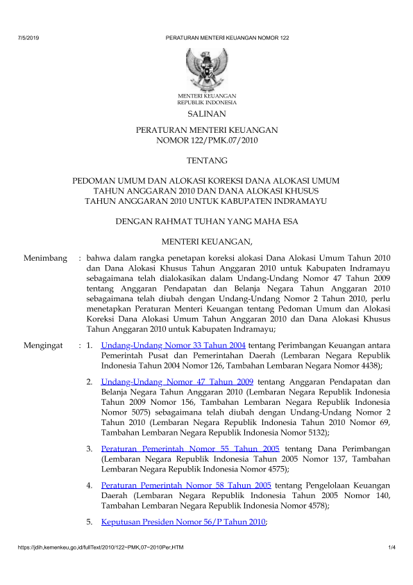 Peraturan Menteri Keuangan Nomor 122/PMK.07/2010
