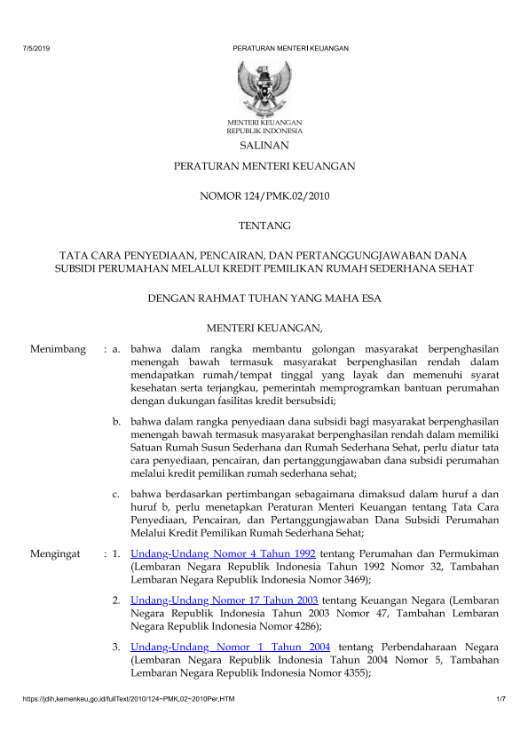 Peraturan Menteri Keuangan Nomor 124/PMK.02/2010